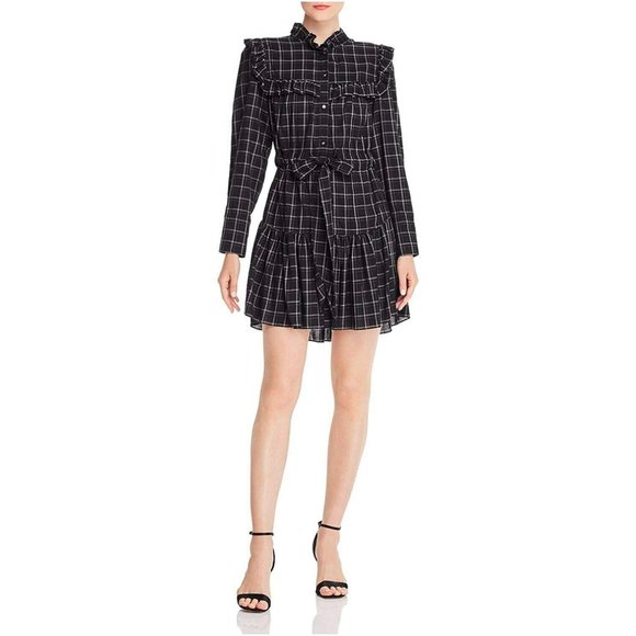 Rebecca Taylor La Vie Drapey Plaid Long Sleeve Belted Ruffle Dress - Black Combo - Picture 6 of 16